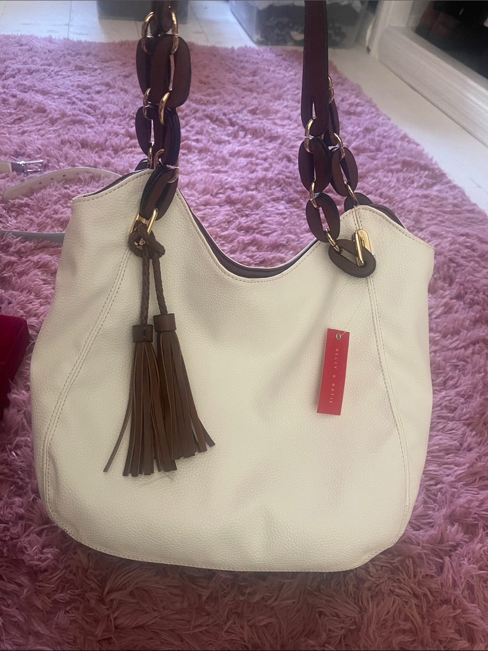 Women's White Hobo Shoulder Bag with Brown Tassel Detail